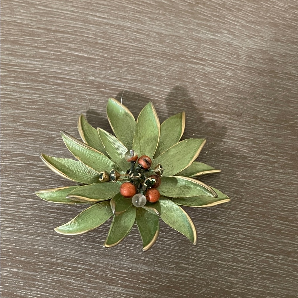 Vintage Green and Gold Floral Brooch